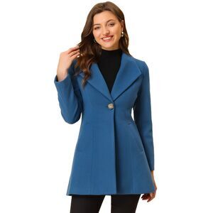 Women's Lapel Collar Buttoned Outwear Winter Coat Grey Blue